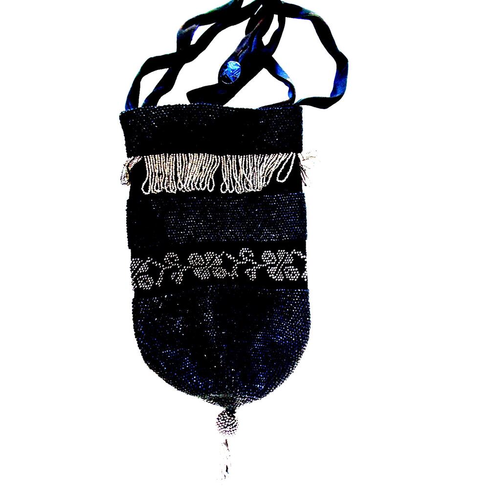 Antique Silver Black Steel Beaded Fringed Purse Flapper Evening Bag Drawstring